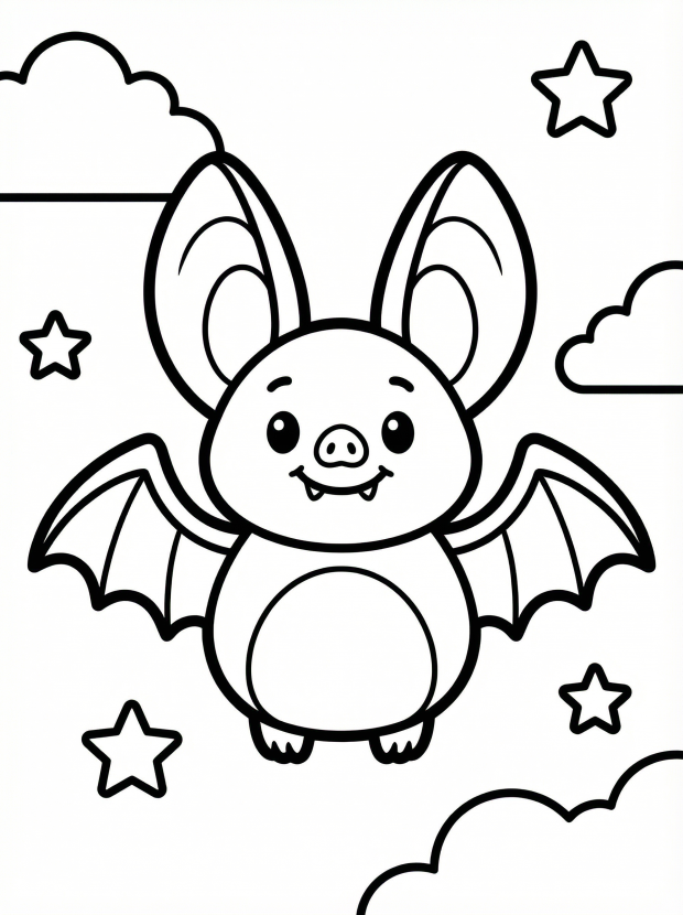 Free printable coloring page showing a cute smiling bat with stars and clouds, perfect for kids to practice color recognition and fine motor skills