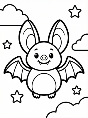 Free printable coloring page showing a cute smiling bat with stars and clouds, perfect for kids to practice color recognition and fine motor skills