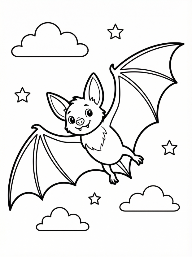 Free printable coloring page showing a happy flying bat against stars and clouds, perfect for kids to practice coloring and fine motor skills
