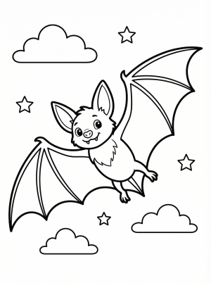 Free printable coloring page showing a happy flying bat against stars and clouds, perfect for kids to practice coloring and fine motor skills