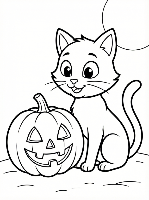 Free printable coloring page showing a smiling black cat sitting next to a jack o lantern, perfect for kids to practice fine motor skills and creativity