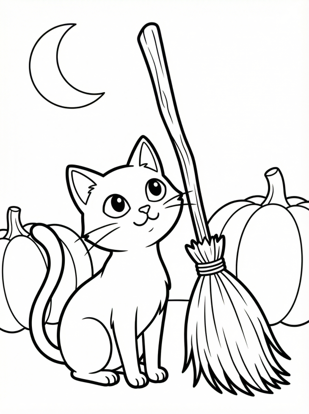 Free printable coloring page showing a black cat with a witch broom and pumpkins, perfect for kids to practice creativity and color recognition