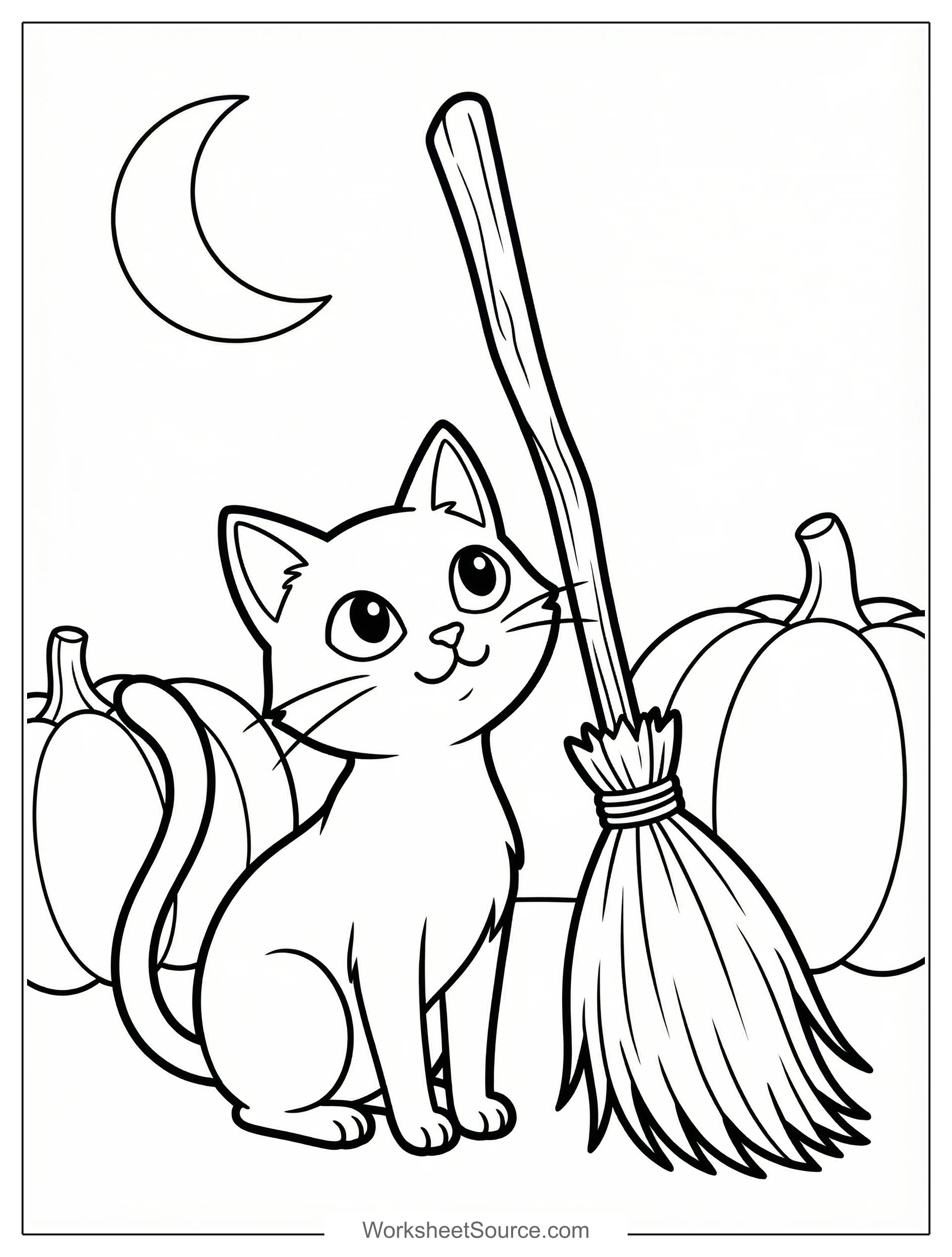 Free printable coloring page showing a black cat with a witch broom and pumpkins, perfect for kids to practice creativity and color recognition