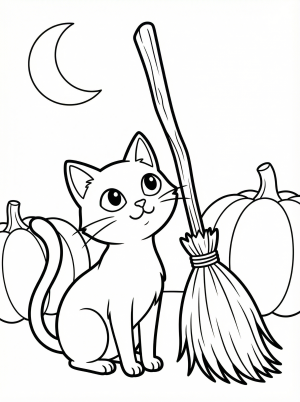 Free printable coloring page showing a black cat with a witch broom and pumpkins, perfect for kids to practice creativity and color recognition