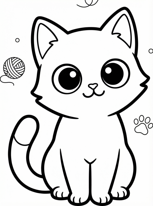Free printable coloring page showing a cute black cat with big eyes and a yarn ball, perfect for kids to practice coloring and creativity