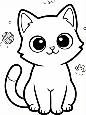 Free printable coloring page showing a cute black cat with big eyes and a yarn ball, perfect for kids to practice coloring and creativity