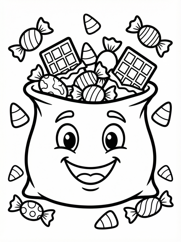 Free printable coloring page showing a smiling bag of assorted Halloween candy, perfect for kids to practice coloring and creativity