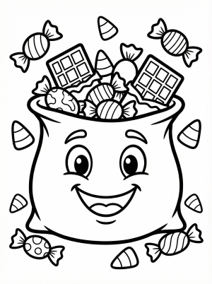 Free printable coloring page showing a smiling bag of assorted Halloween candy, perfect for kids to practice coloring and creativity