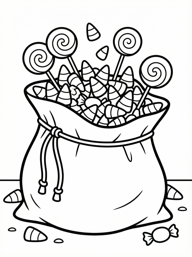 Free printable coloring page showing a trick or treat bag overflowing with candy, perfect for kids to practice coloring and fine motor skills