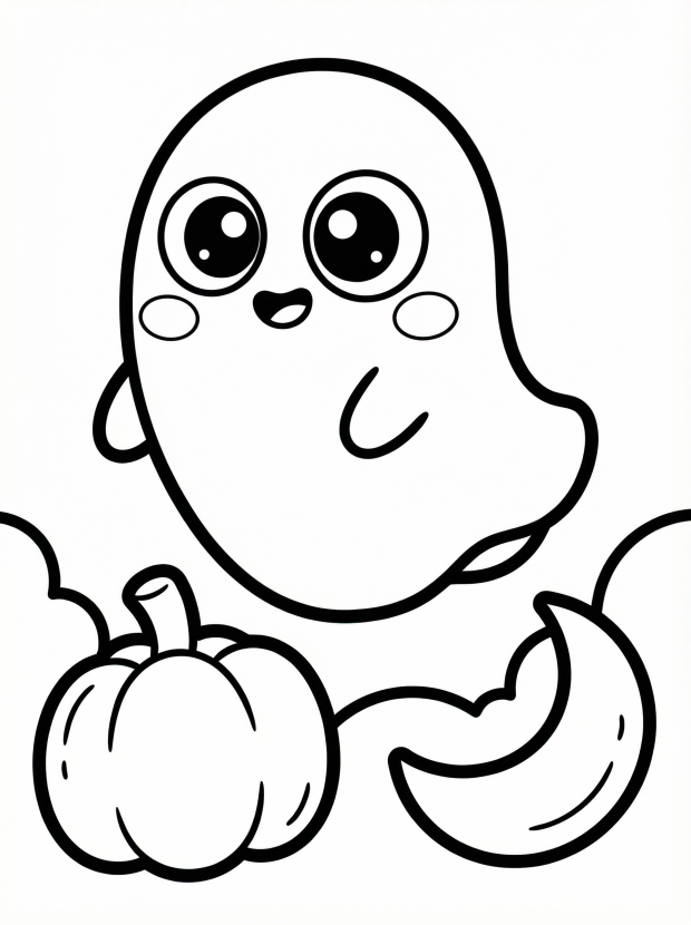 Free printable coloring page showing a cute baby ghost with pumpkin and moon, perfect for kids to practice coloring and creativity