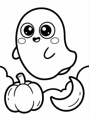 Free printable coloring page showing a cute baby ghost with pumpkin and moon, perfect for kids to practice coloring and creativity