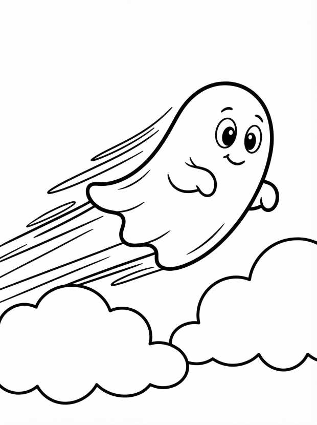 Free printable coloring page showing a happy flying ghost over clouds, perfect for kids to practice coloring and fine motor skills