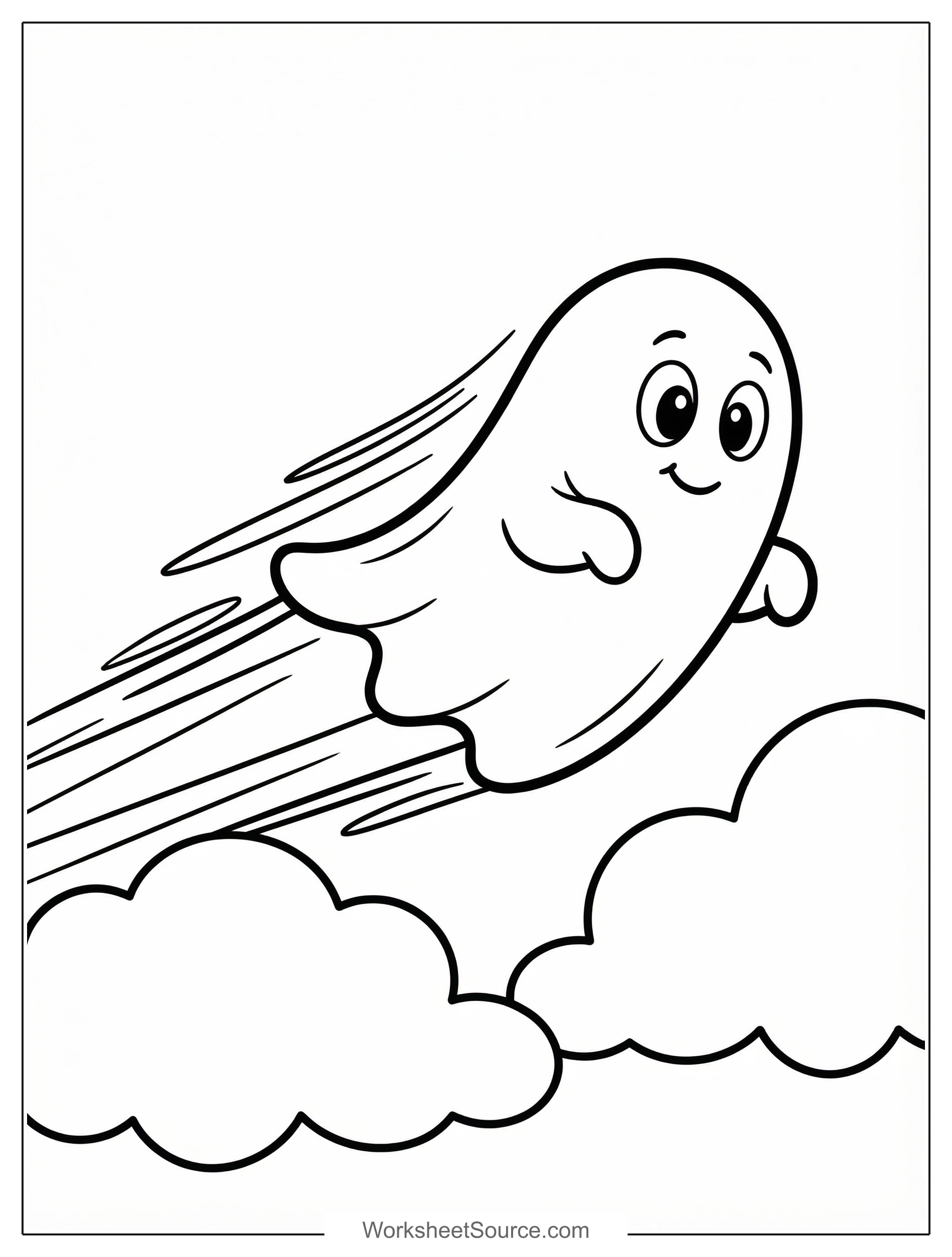 Free printable coloring page showing a happy flying ghost over clouds, perfect for kids to practice coloring and fine motor skills