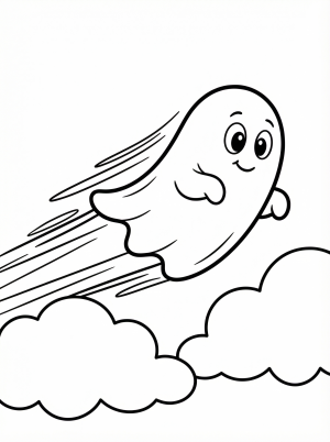 Free printable coloring page showing a happy flying ghost over clouds, perfect for kids to practice coloring and fine motor skills
