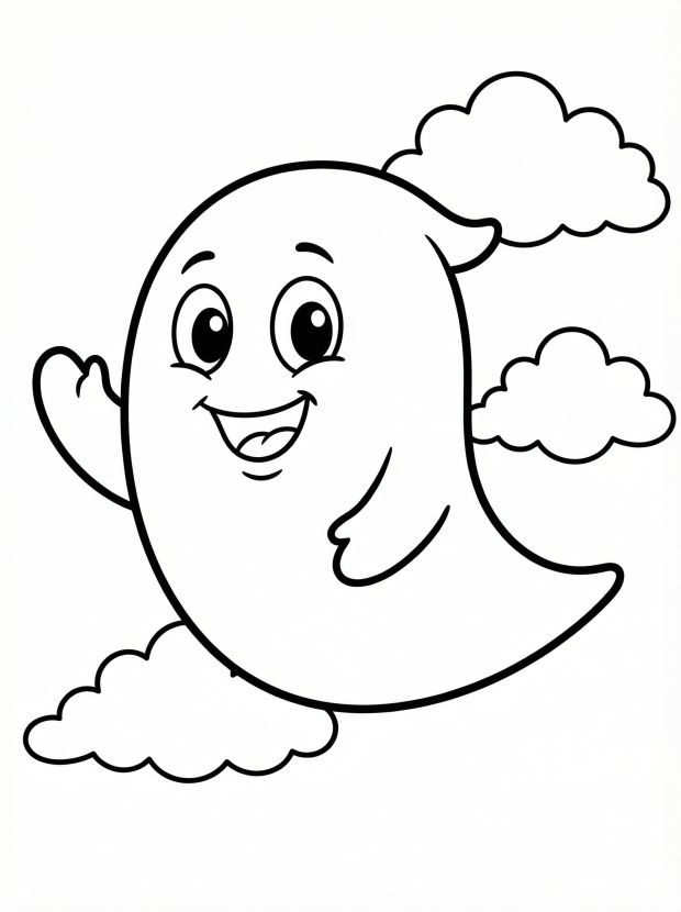 Free printable coloring page showing a friendly ghost flying among clouds, perfect for kids to practice creativity and fine motor skills