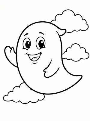 Free printable coloring page showing a friendly ghost flying among clouds, perfect for kids to practice creativity and fine motor skills