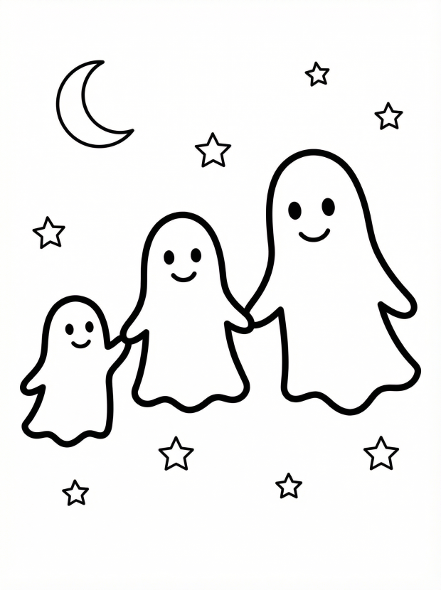 Free printable coloring page showing a smiling ghost family under stars and moon, perfect for kids to practice creativity and fine motor skills