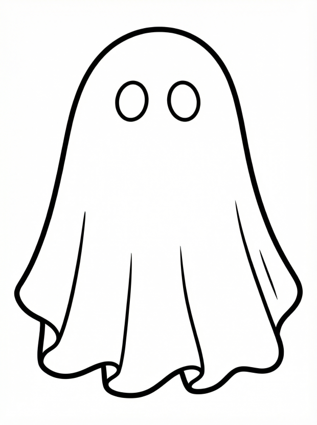 Free printable coloring page showing a simple ghost in a sheet with eye holes, perfect for kids to practice coloring and creativity