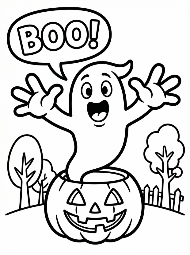 Free printable coloring page showing a cheerful ghost saying Boo from a pumpkin, perfect for kids to practice coloring and creativity