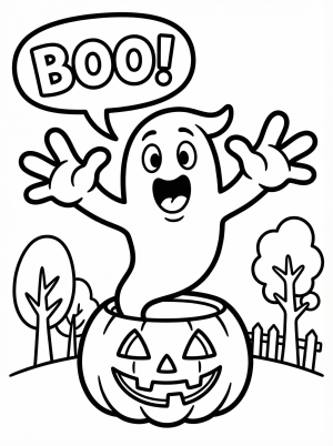 Free printable coloring page showing a cheerful ghost saying Boo from a pumpkin, perfect for kids to practice coloring and creativity