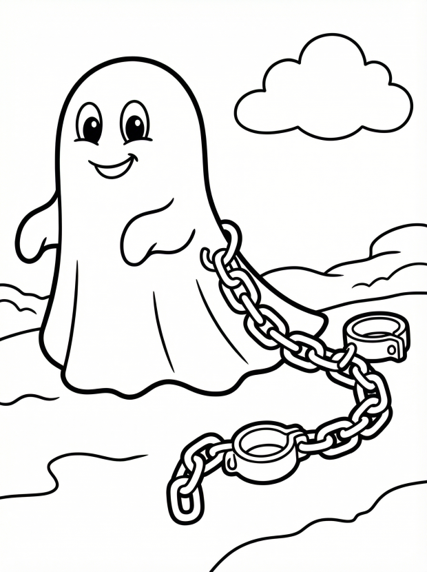 Free printable coloring page showing a friendly ghost with chains, perfect for kids to practice coloring and fine motor skills
