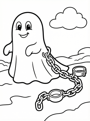 Free printable coloring page showing a friendly ghost with chains, perfect for kids to practice coloring and fine motor skills