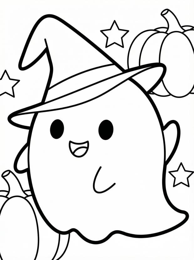 Free printable coloring page showing a smiling ghost wearing a witch hat with pumpkins and stars, perfect for kids to practice creativity and fine motor skills