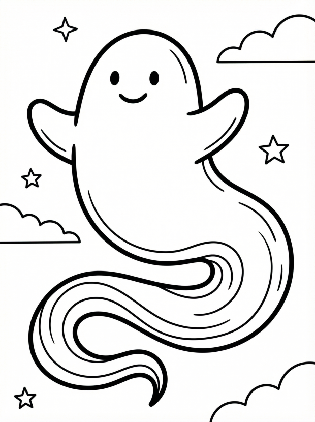 Free printable coloring page showing a smiling spooky ghost with stars and clouds, perfect for kids to practice creativity and fine motor skills