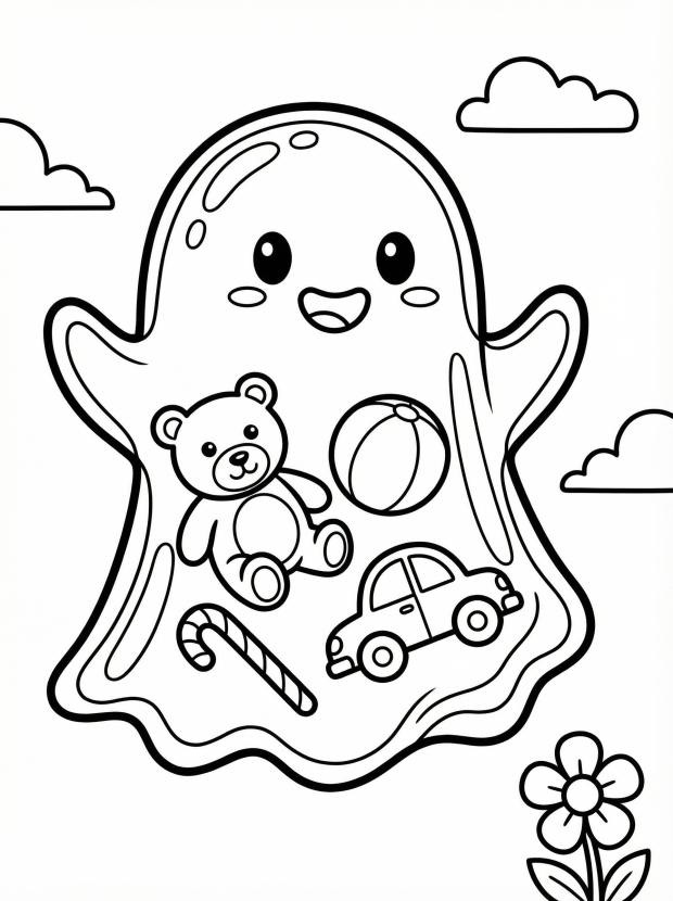 Free printable coloring page showing a cute transparent ghost with toys, perfect for kids to practice coloring and creativity.
