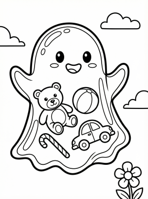 Free printable coloring page showing a cute transparent ghost with toys, perfect for kids to practice coloring and creativity.