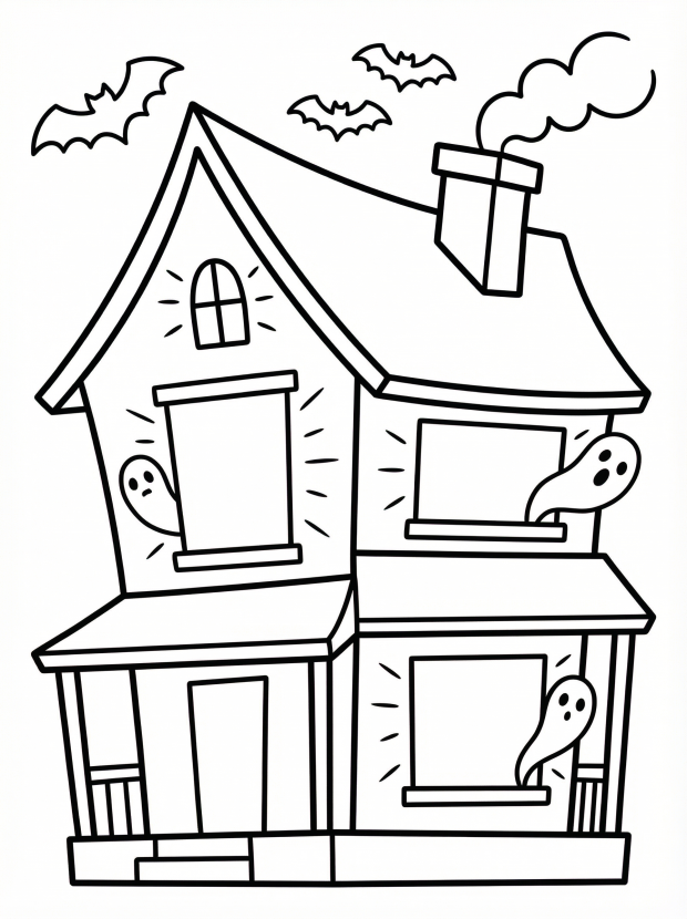 Free printable coloring page showing a haunted house with spooky windows and ghosts, perfect for kids to practice creativity and fine motor skills
