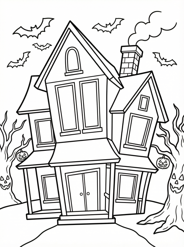 Free printable coloring page showing a haunted house with windows and bats, perfect for kids to practice creativity and fine motor skills