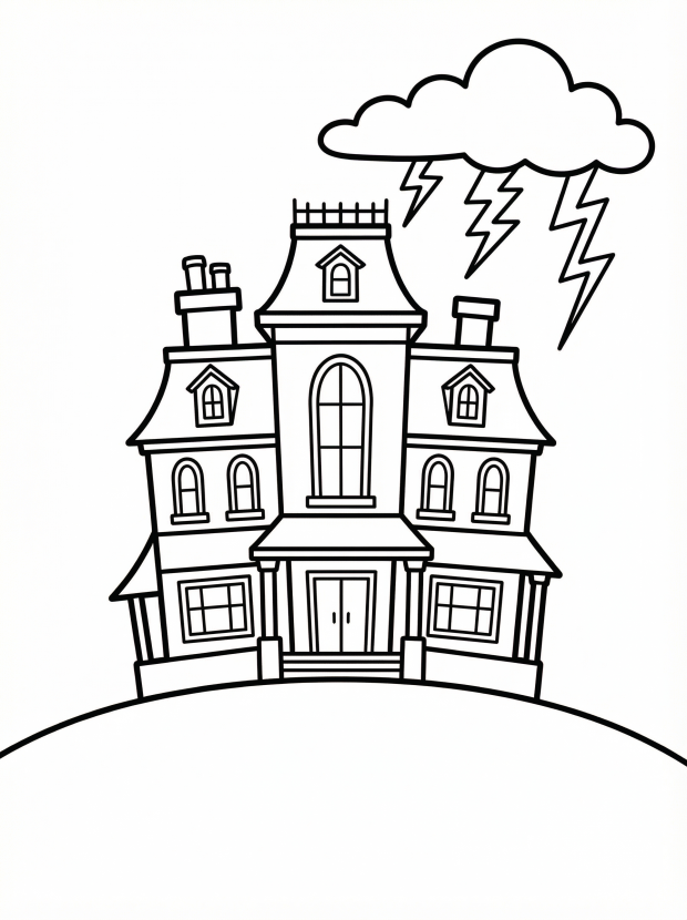 Free printable coloring page showing a spooky haunted mansion with lightning clouds, perfect for kids to practice creativity and fine motor skills