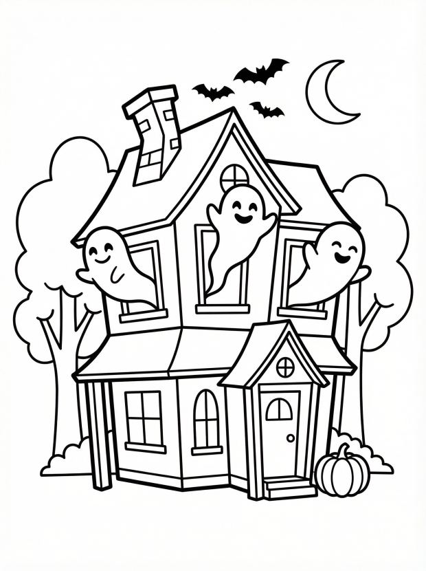 Free printable coloring page showing a haunted house with smiling ghosts and a pumpkin, perfect for kids to practice creativity and fine motor skills