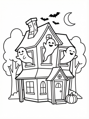 Free printable coloring page showing a haunted house with smiling ghosts and a pumpkin, perfect for kids to practice creativity and fine motor skills