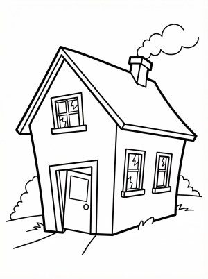 Free printable coloring page showing a spooky haunted house with cracked windows and a crooked door, perfect for kids to practice creativity and fine motor skills