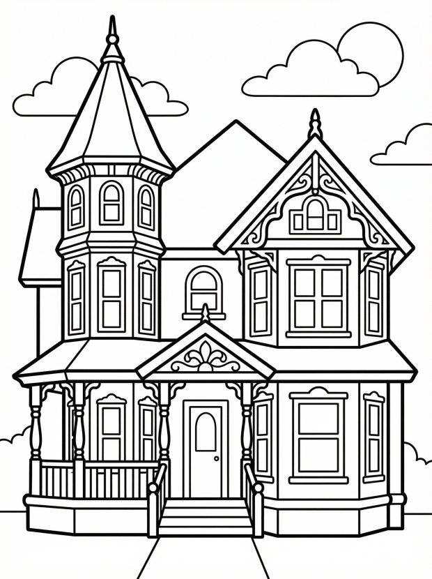 Free printable coloring page showing a Victorian haunted house with tower and porch, perfect for kids to practice creativity and fine motor skills