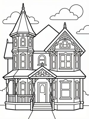 Free printable coloring page showing a Victorian haunted house with tower and porch, perfect for kids to practice creativity and fine motor skills