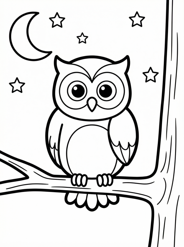 Free printable coloring page showing an owl perched on a tree branch at night, perfect for kids to practice focus and creativity.