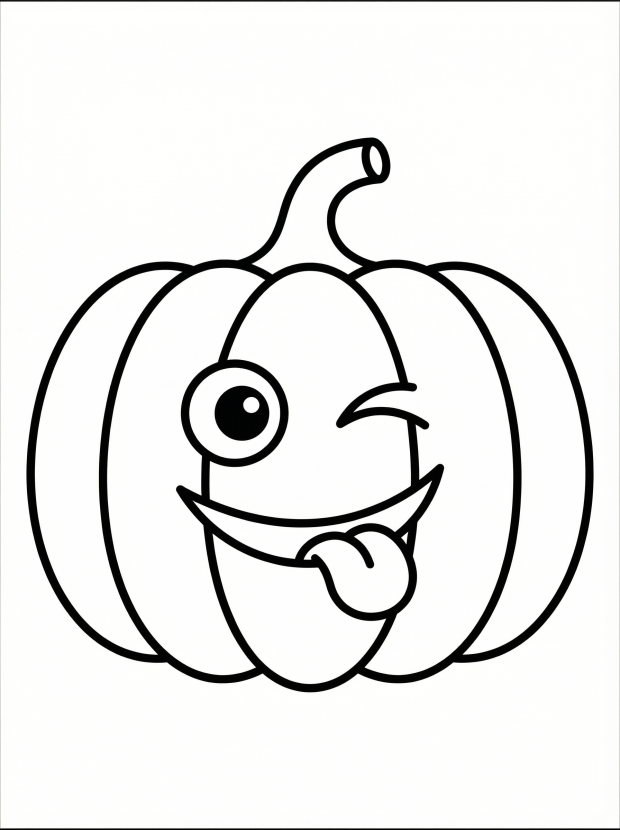 Free printable coloring page showing a funny pumpkin face with tongue out and winking eye, perfect for kids to practice creativity and focus