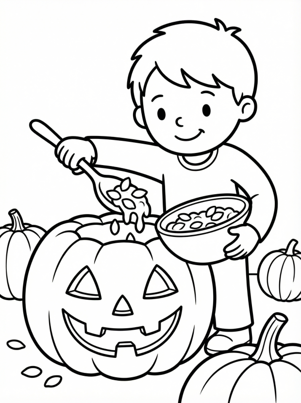 Free printable coloring page showing a child scooping pumpkin seeds from a carved jack o lantern, perfect for kids to practice creativity and fine motor skills