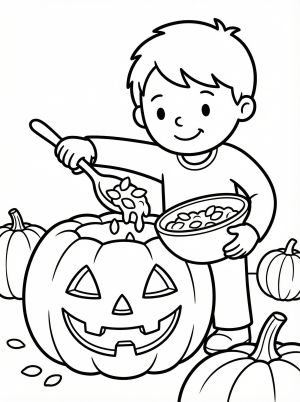 Free printable coloring page showing a child scooping pumpkin seeds from a carved jack o lantern, perfect for kids to practice creativity and fine motor skills