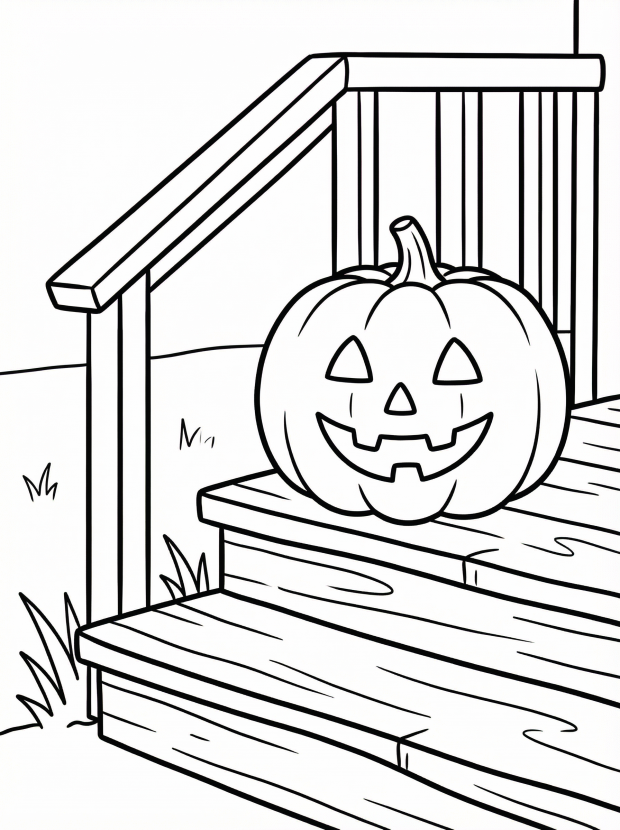 Free printable coloring page showing a jack o lantern pumpkin on a porch, perfect for kids to practice coloring and shading