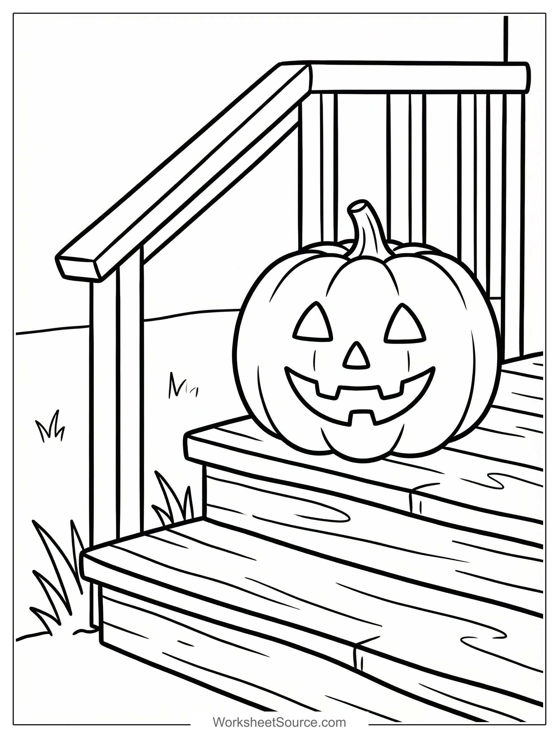 Free printable coloring page showing a jack o lantern pumpkin on a porch, perfect for kids to practice coloring and shading