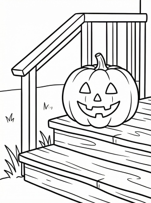Free printable coloring page showing a jack o lantern pumpkin on a porch, perfect for kids to practice coloring and shading