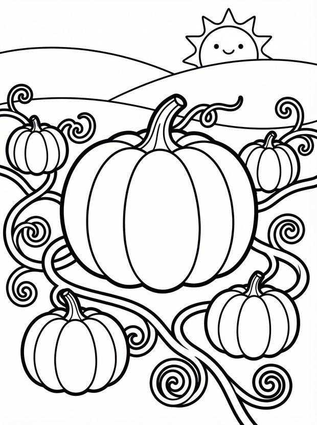 Free printable coloring page showing a pumpkin patch with vines and smiling sun, perfect for kids to practice coloring and creativity