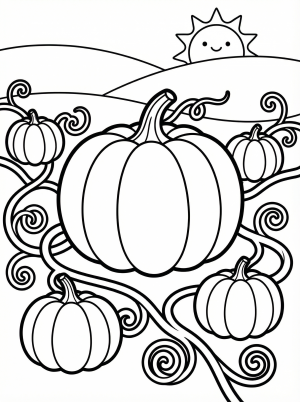 Free printable coloring page showing a pumpkin patch with vines and smiling sun, perfect for kids to practice coloring and creativity