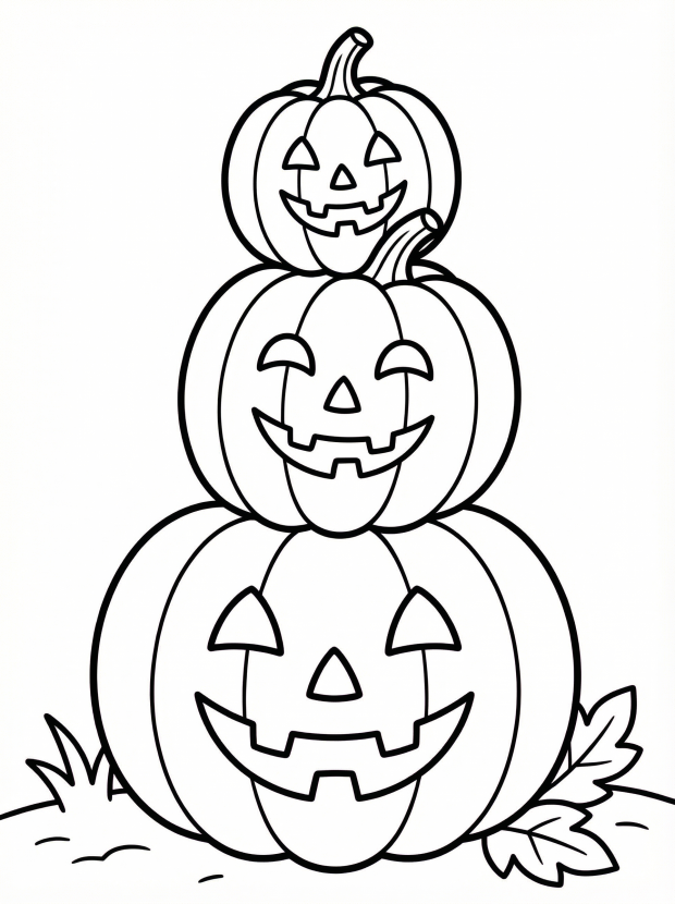 Free printable coloring page showing a stack of three jack o lantern pumpkins, perfect for kids to practice coloring and creativity