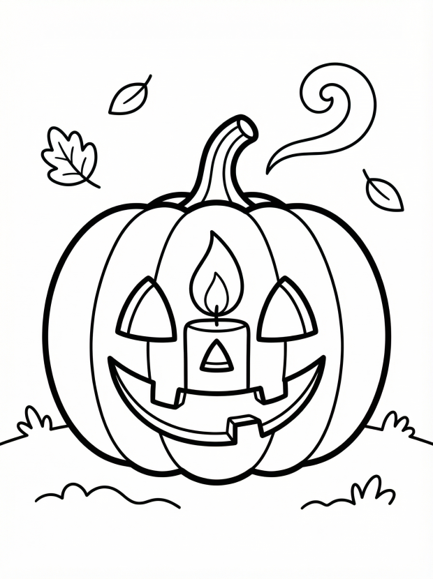 Free printable coloring page showing a pumpkin carved with a candle inside, perfect for kids to practice coloring and creativity