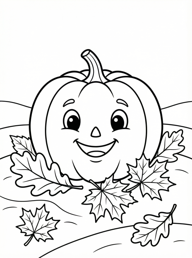 Free printable coloring page showing a smiling pumpkin with scattered leaves, perfect for kids to practice coloring and creativity